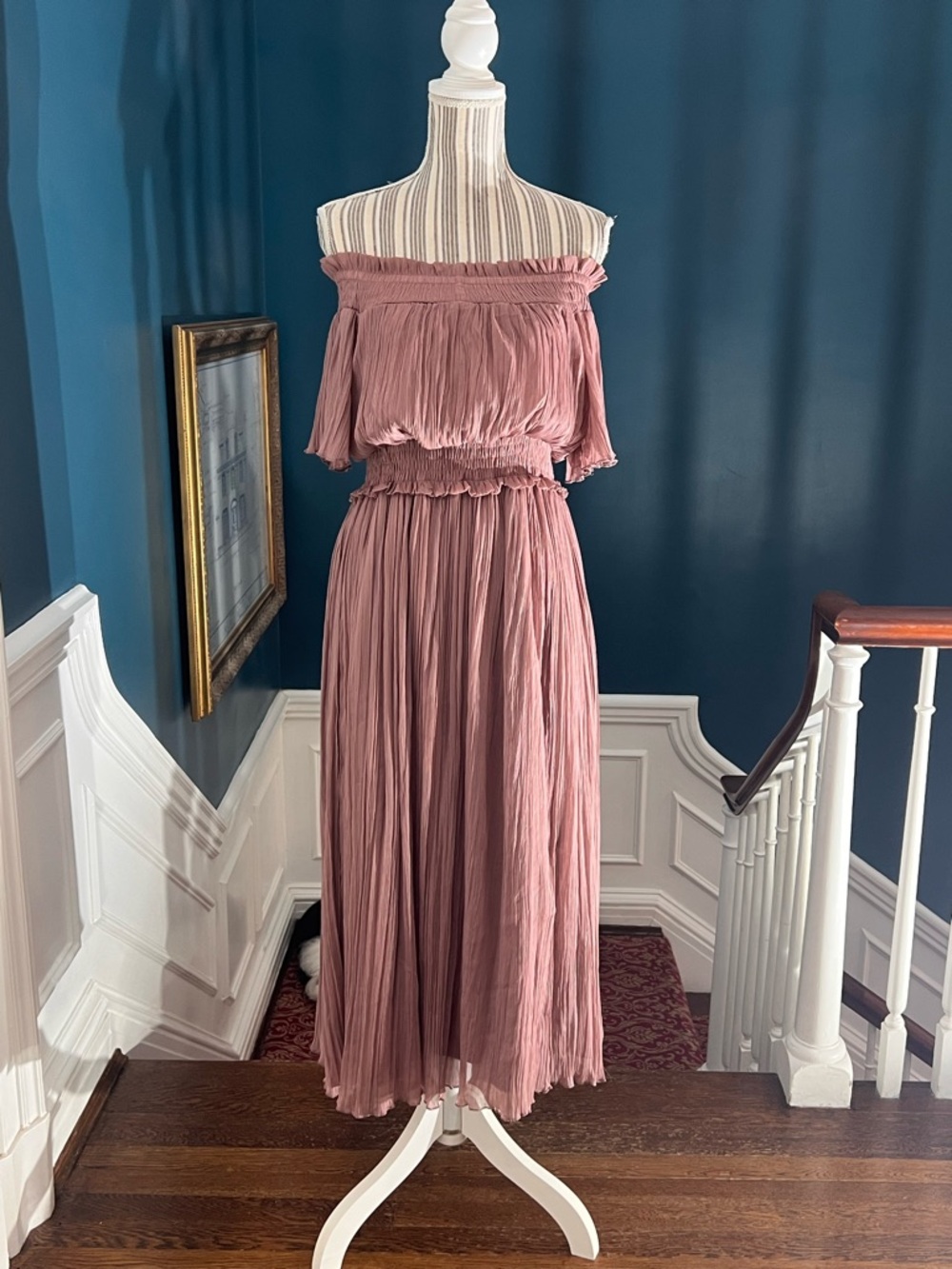 Off-Shoulder Mauve Pink Midi Dress asos size 8 smocked gauze derby nwot D410